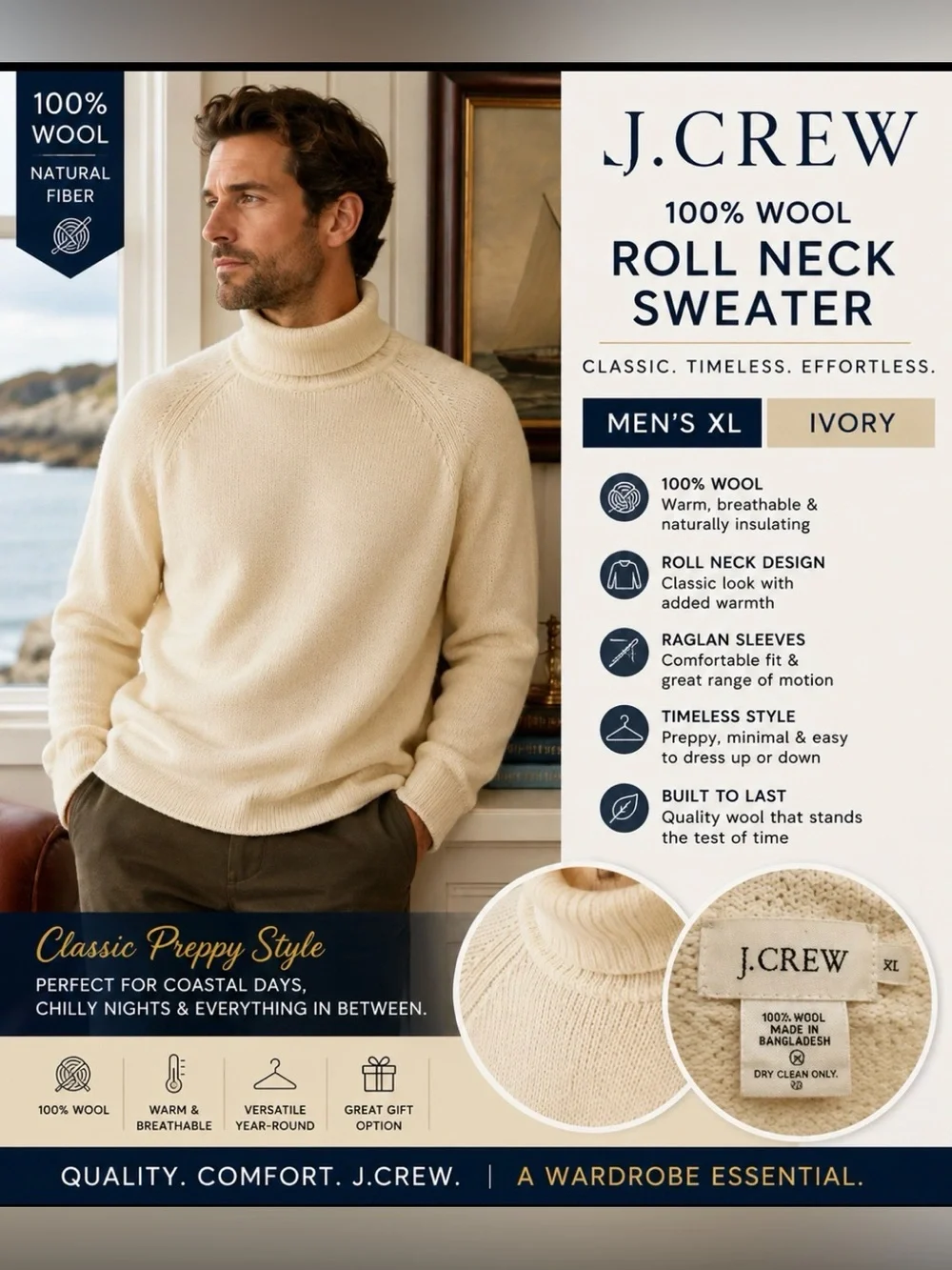 Men’s J. Crew Cream roll neck Sweater Pullover. 100% will heavyweight extra larg